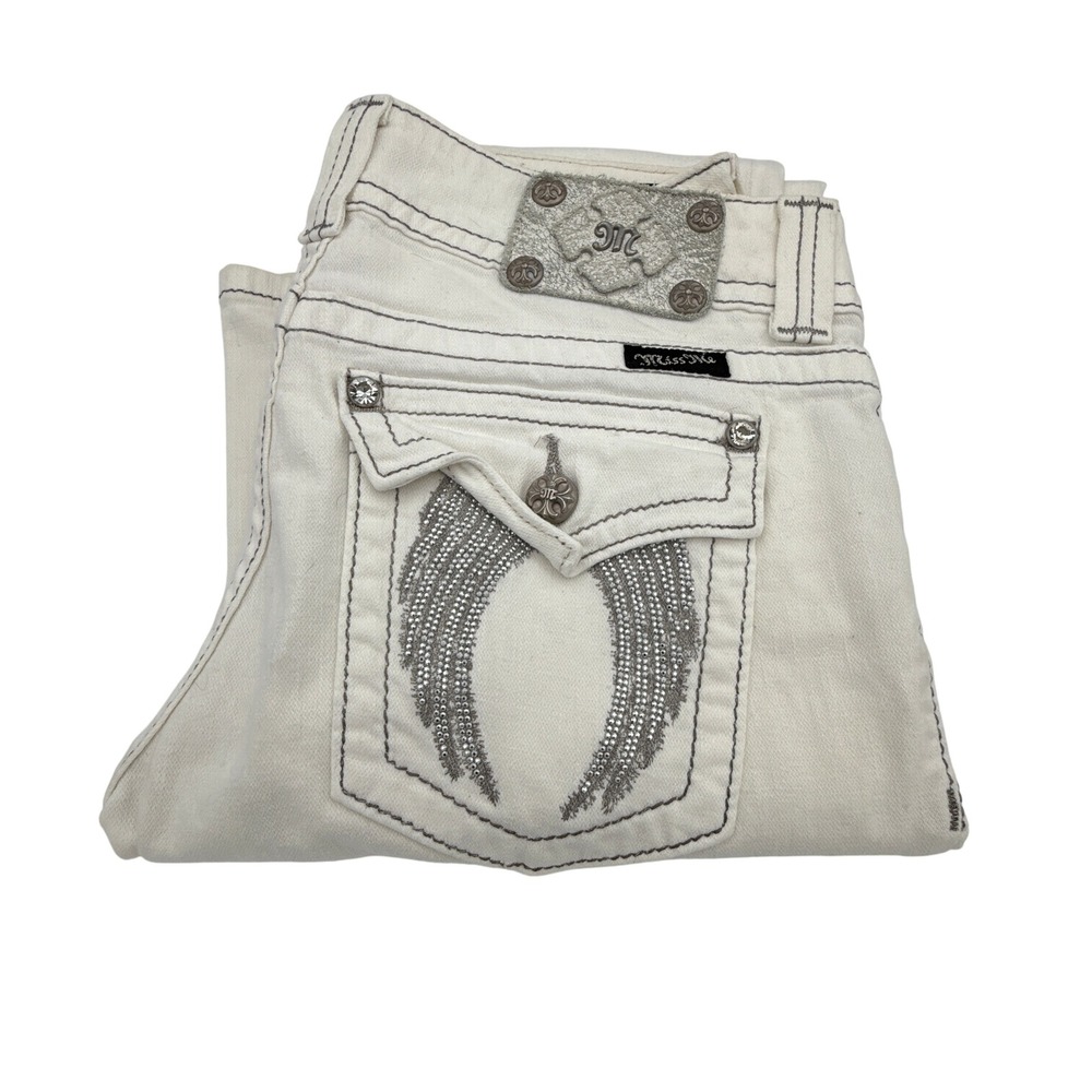 Miss Me White Boot Cut Jeans with Silver angel wing  Embellishment